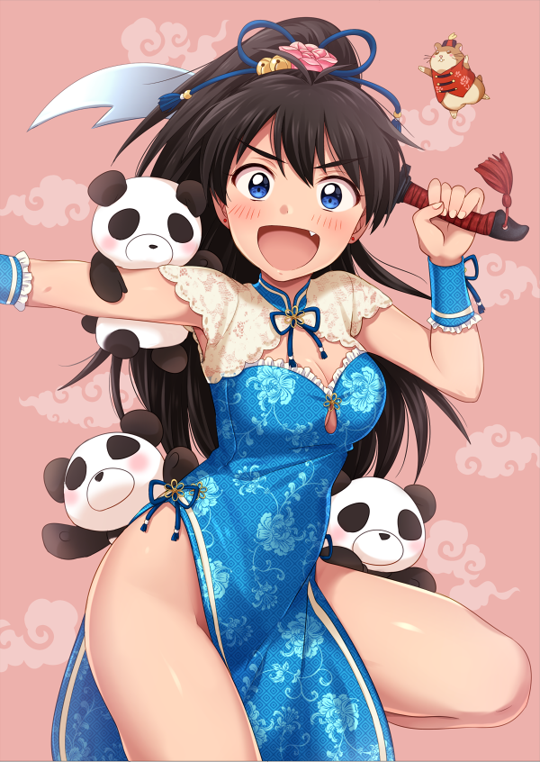 &gt;:d 1girl :d animal bangs bare_legs black_hair blue_dress blue_eyes blue_ribbon blush breasts china_dress chinese_clothes cleavage cleavage_cutout dress earrings eyebrows_visible_through_hair fang flower ganaha_hibiki hair_flower hair_ornament hamster hamuzou hiiringu holding holding_sword holding_weapon idolmaster jewelry leg_up long_hair looking_at_viewer medium_breasts no_panties open_mouth outstretched_arm pink_background pink_rose ponytail ribbon rose saber_(weapon) sanpaku shiny shiny_skin side_slit simple_background sleeveless sleeveless_dress smile solo standing standing_on_one_leg stud_earrings stuffed_animal stuffed_panda stuffed_toy sword tareme tassel thick_eyebrows unsheathed weapon whiskers