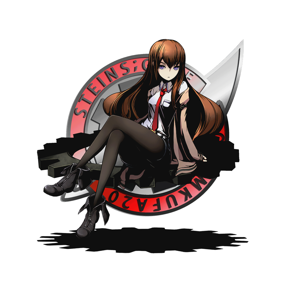 1girl black_legwear black_shoes black_shorts blue_eyes brown_hair brown_jacket divine_gate dress_shirt full_body hair_between_eyes long_hair makise_kurisu necktie off_shoulder official_art pantyhose red_necktie shadow shirt shoes short_shorts shorts sitting solo steins;gate transparent_background ucmm very_long_hair white_shirt