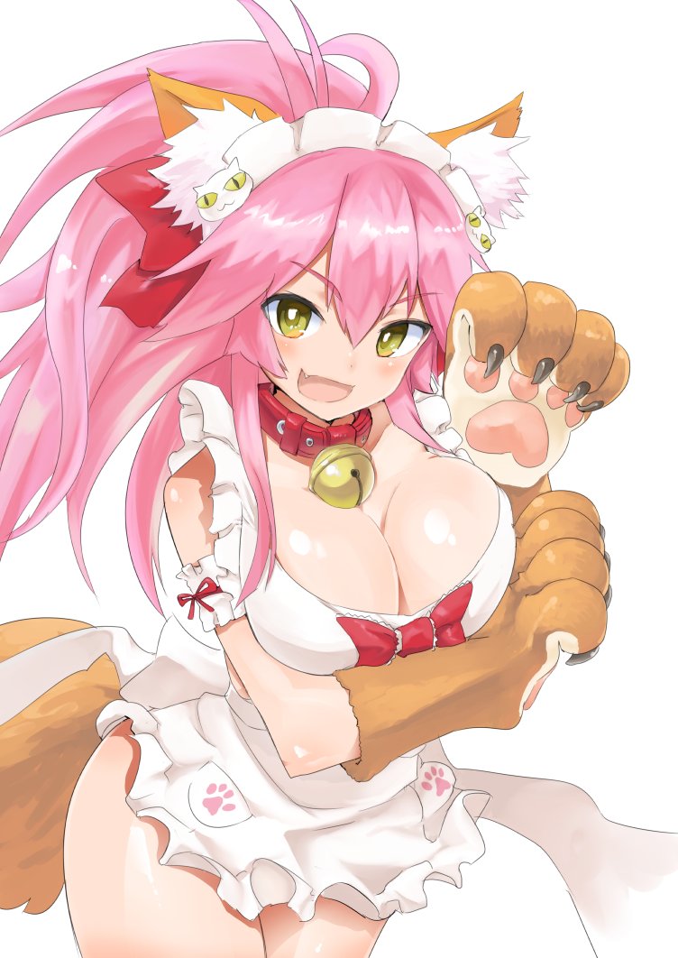 1girl animal_ears apron arm_garter bell bell_collar blush breast_hold breasts cleavage collar fang fate/grand_order fate_(series) fox_ears fox_tail hair_ornament hair_ribbon large_breasts long_hair looking_at_viewer naked_apron nanasuke open_mouth paws pink_hair ponytail ribbon simple_background smile solo tail tamamo_(fate)_(all) tamamo_cat_(fate) white_background yellow_eyes