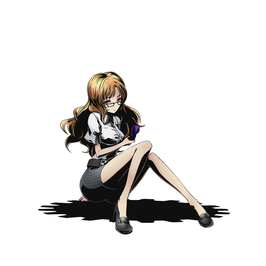 1girl belt black_skirt brown_eyes brown_hair divine_gate dress_shirt full_body glasses high_heels holding holding_phone kiryuu_moeka long_hair official_art phone shirt short_sleeves sitting skirt solo steins;gate transparent_background ucmm white_shirt