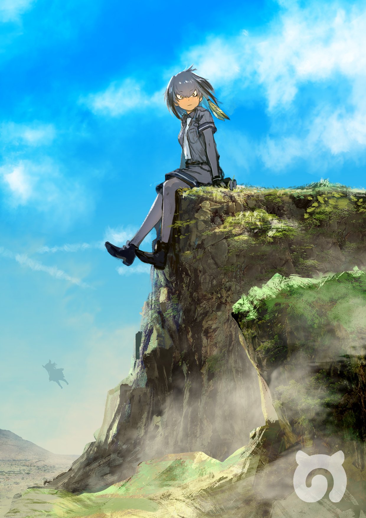 &gt;:( 2girls ankle_boots bangs black_gloves blue_sky bodystocking boots clouds cloudy_sky crested_ibis_(kemono_friends) eyebrows_visible_through_hair eyelashes fingerless_gloves fog from_side full_body gloves grey_hair grey_shirt head_wings highres kemono_friends looking_at_viewer low_ponytail moss mountain multicolored_hair multiple_girls necktie outdoors outstretched_arms pocket ponytail scenery shirt shoebill_(kemono_friends) shoelaces short_hair short_hair_with_long_locks short_sleeves shorts side_ponytail sidelocks silhouette sitting sky takeyuki15 tsurime wings yellow_eyes