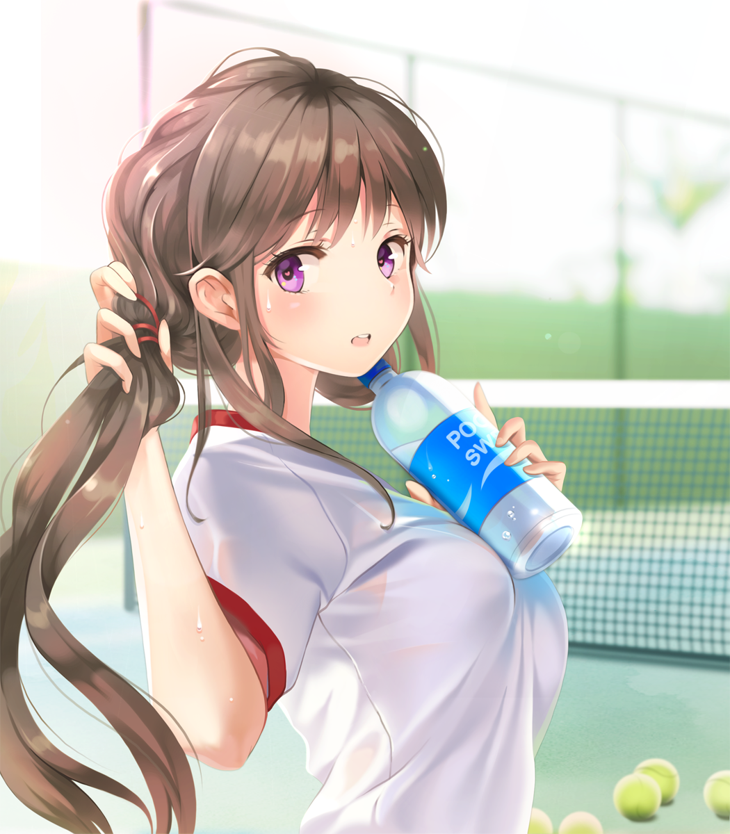1girl ball bangs blurry blush bottle bra breasts brown_hair depth_of_field eyebrows_visible_through_hair hands_up highres holding holding_bottle holding_hair long_hair looking_at_viewer looking_back medium_breasts miyaza moe2017 open_mouth original outdoors pocari_sweat ponytail see-through short_sleeves sidelocks solo sweat sweating swept_bangs teeth tennis_ball tennis_court underwear upper_body violet_eyes wet_clothes white_bra