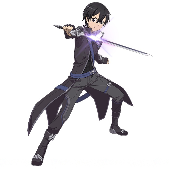 1boy black_eyes black_gloves black_hair fingerless_gloves gloves hair_between_eyes holding holding_sword holding_weapon kirito looking_at_viewer simple_background smile solo sword sword_art_online weapon white_background