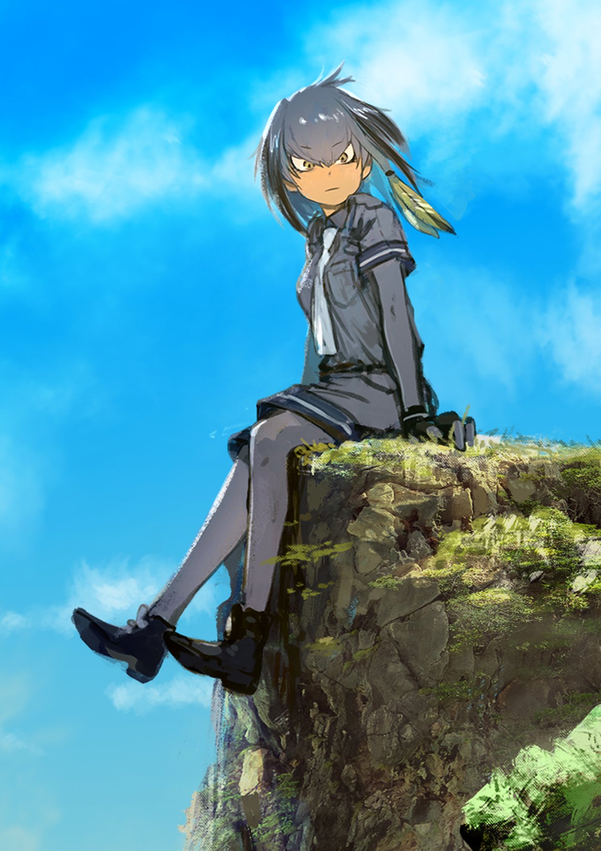 &gt;:( 1girl ankle_boots bangs black_gloves blue_sky bodystocking boots clouds cloudy_sky eyebrows_visible_through_hair eyelashes fingerless_gloves from_side full_body gloves grey_hair grey_shirt highres kemono_friends looking_at_viewer low_ponytail moss mountain multicolored_hair multiple_girls necktie outdoors outstretched_arms pocket ponytail shirt shoebill_(kemono_friends) shoelaces short_sleeves shorts side_ponytail sitting sky solo takeyuki15 tsurime yellow_eyes