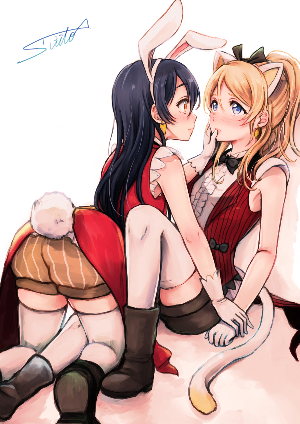 2girls all_fours animal_ears ayase_eli black_bow black_bowtie blonde_hair blue_eyes blue_hair bow bowtie bunny_tail cat_ears cat_tail center_frills coattails earrings face-to-face gloves hand_on_another's_face headband heart heart_earrings highres jewelry lilylion26 long_hair love_live! love_live!_school_idol_project multiple_girls ponytail rabbit_ears shoes shorts signature sitting sleeveless sonoda_umi striped tail thigh-highs vertical-striped_shorts vertical_stripes vest white_gloves white_legwear yellow_eyes yuri
