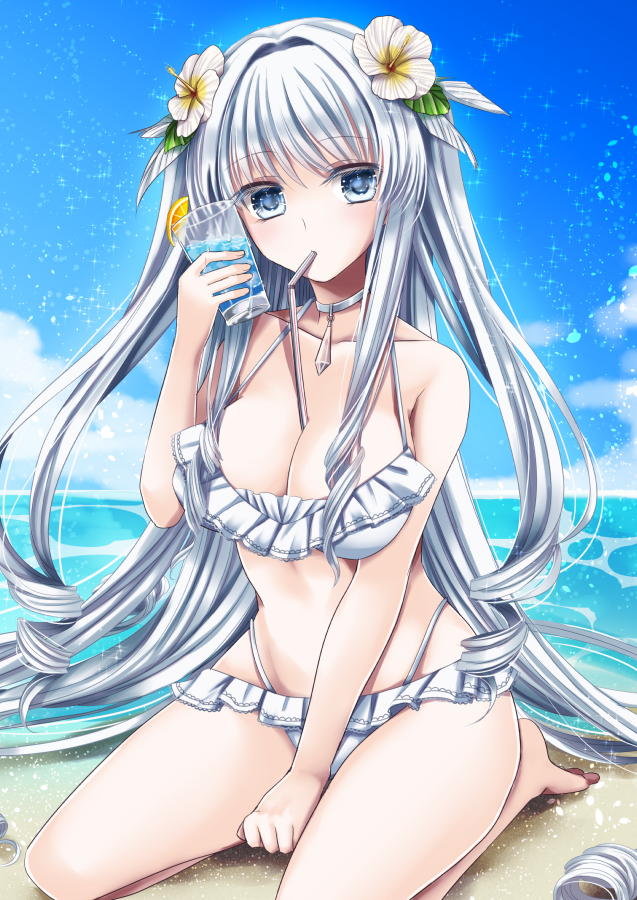 1girl arms_at_sides bangs barefoot between_breasts between_legs bikini blue_sky breasts cleavage clouds cloudy_sky collarbone cup day drinking_glass drinking_straw eyebrows_visible_through_hair flower food frilled_bikini frills fruit grey_eyes hair_flower hair_ornament hand_between_legs hand_up holding_glass itsumoto_hiroharu large_breasts long_hair looking_at_viewer mouth_hold ocean orange orange_slice original outdoors ringlets seiza silver_hair sitting sky solo swimsuit water white_bikini white_flower