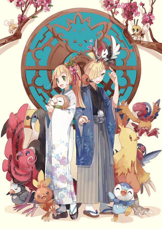 1boy 1girl archen blonde_hair brother_and_sister combusken cutiefly fletchling geta gladio_(pokemon) green_eyes hair_ornament hair_over_one_eye holding huan_li japanese_clothes kimono lillie_(pokemon) long_hair open_mouth oricorio pikipek piplup pokemon pokemon_(creature) pokemon_(game) pokemon_sm ponytail ribombee rowlet sandals short_hair siblings starly taillow torchic toucannon tree_branch