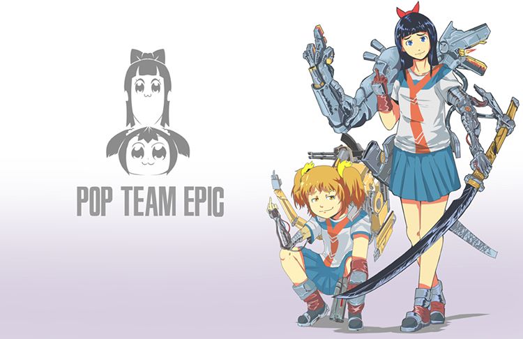 :3 black_hair bow brown_hair gun hair_bow handgun looking_at_viewer middle_finger pipimi pistol pleated_skirt poptepipic popuko prosthesis scabbard school_uniform serafuku sheath shirt sidelocks skirt sword t-shirt two_side_up weapon yozhman