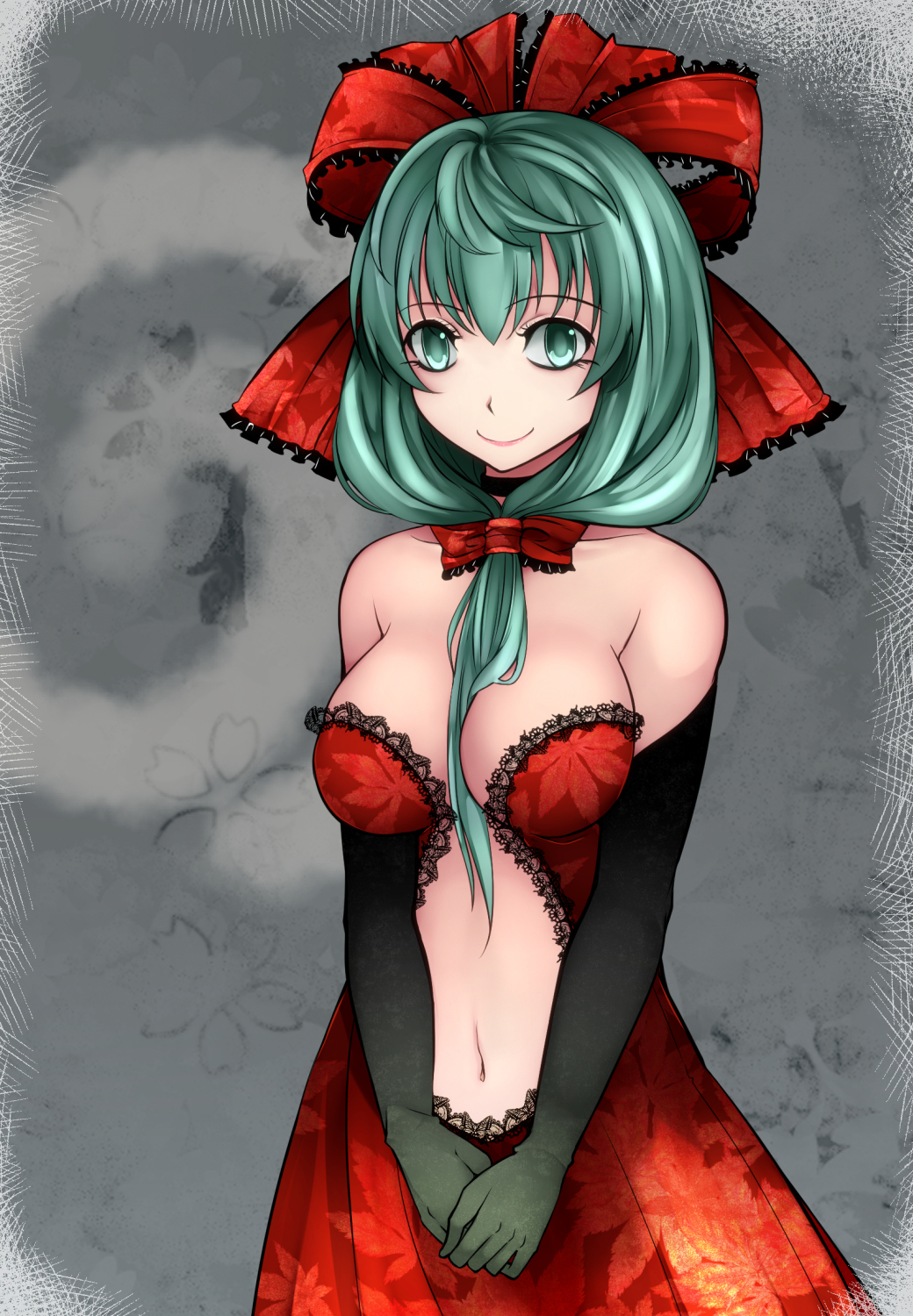 1girl aoshima bare_shoulders black_gloves bow breasts cleavage collarbone commentary_request dress front_ponytail gloves green_eyes green_hair hair_bow hair_ribbon highres kagiyama_hina leaf_print long_hair looking_at_viewer medium_breasts navel red_bow red_dress red_ribbon ribbon smile solo touhou