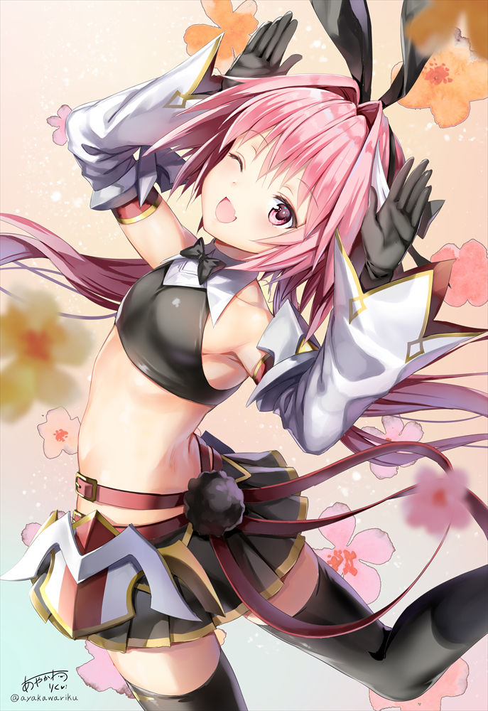1boy animal_ears ass astolfo_(fate) astolfo_(saber)_(fate) ayakawa_riku bangs bare_shoulders belt black_bow black_gloves black_legwear black_neckwear black_ribbon black_shirt black_skirt blush bow bowtie bunny_pose crop_top detached_sleeves elbow_gloves fang fate/grand_order fate_(series) faulds floral_background flower gloves hair_between_eyes hair_bow hair_intakes hair_ribbon hands_up long_hair looking_at_viewer looking_back low_twintails midriff multicolored_hair one_eye_closed open_mouth otoko_no_ko pink_hair rabbit_ears ribbon shirt skirt smile solo streaked_hair thigh-highs thighs twintails violet_eyes white_hair wide_sleeves