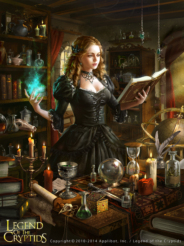 1girl 2014 black_dress book book_stack bookshelf bottle box candle candlestand choker copyright_name dagger dress earrings globe goblet hair_ornament hourglass indoors inkwell jewelry laura_sava legend_of_the_cryptids magic official_art open_book pestle quill scroll skull solo standing table watermark weapon window