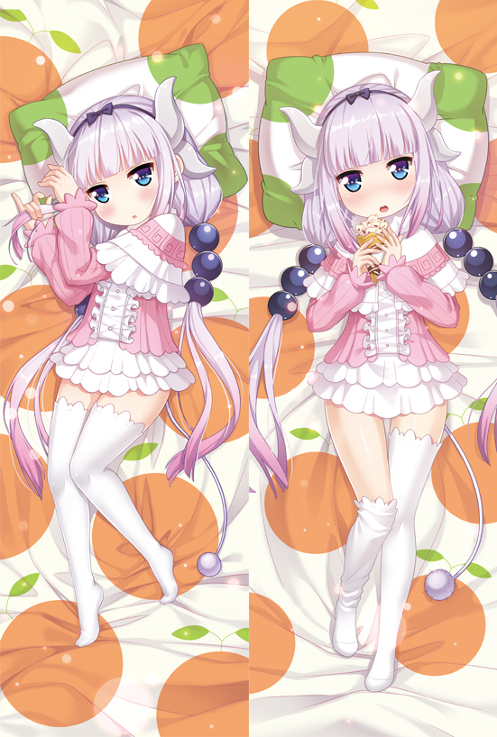 1girl :o artist_request bangs beads bed_sheet black_bow black_hairband blouse blue_eyes blunt_bangs blush bow buttons capelet center_frills cowboy_shot crepe cross-laced_clothes dakimakura dragon_girl dragon_horns dress eyebrows_visible_through_hair food frilled_capelet frilled_skirt frills from_above full_body fur_trim gothic_lolita gradient gradient_hair hair_beads hair_bow hair_ornament hairband hands_up holding holding_food horns jitome kanna_kamui kirilenko kobayashi-san_chi_no_maidragon legs_apart lolita_fashion long_hair long_sleeves looking_at_viewer low_twintails lying microdress multicolored_hair multiple_views no_shoes on_back open_mouth pillow round_teeth skirt solo tail teeth thigh-highs thigh_gap twintails very_long_hair white_hair white_legwear zettai_ryouiki