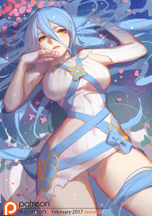 1girl 2017 alternate_breast_size aqua_(fire_emblem_if) arm_up artist_name bare_shoulders blue_bow blue_hair blue_panties blush bow breasts brown_eyes covered_navel dated dress expressionless fingerless_gloves fire_emblem fire_emblem_if gloves hair_between_eyes large_breasts long_hair looking_at_viewer lying on_back panties pantyshot pantyshot_(lying) parted_lips patreon pink_lips short_dress songjikyo underwear upskirt very_long_hair water white_dress white_gloves