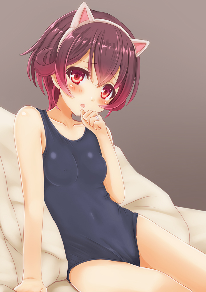 1girl animal_ears arm_support blue_swimsuit blush brown_hair cat_ears fake_animal_ears gradient_hair jewelry kantai_collection looking_at_viewer multicolored_hair mutsuki_(kantai_collection) ootori_(kyoya-ohtori) pillow red_eyes redhead ring school_swimsuit short_hair solo swimsuit wedding_band