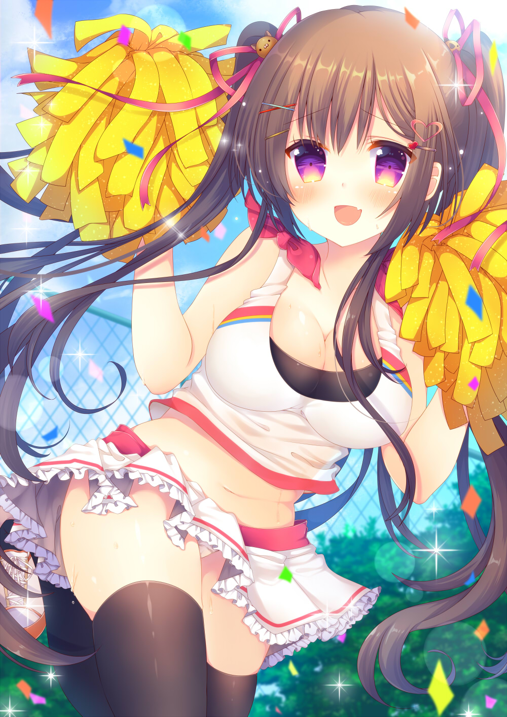 1girl :d azu_torako bangs bare_shoulders blue_sky blush breasts brown_hair brown_legwear bush cat_hair_ornament chain-link_fence cheerleader cleavage clouds cloudy_sky confetti crop_top day eyebrows_visible_through_hair fang fangs fence frilled_skirt frills gradient gradient_eyes hair_ornament hair_ribbon hairclip hairpin hands_up heart_hair_ornament highres large_breasts leg_up long_hair looking_at_viewer microskirt midriff miniskirt multicolored multicolored_eyes navel one_leg_raised open_mouth original outdoors panties pantyshot pantyshot_(standing) pom_poms purple_hair red_ribbon ribbon sidelocks skirt sky sleeveless smile solo sparkle sports_bra standing standing_on_one_leg sweat thigh-highs twintails underwear upskirt very_long_hair violet_eyes white_panties x_hair_ornament yellow_eyes