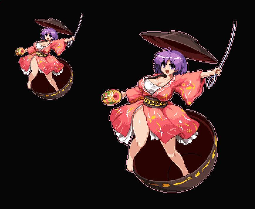 &gt;:d 1girl :d barefoot blush bowl bowl_hat breasts cleavage curvy hat huge_breasts japanese_clothes kimono looking_at_viewer miracle_mallet needle open_mouth outline pixel_art purple_hair short_hair smile solo standing sukuna_shinmyoumaru takorin thick_thighs thighs touhou violet_eyes wide_hips zoom_layer