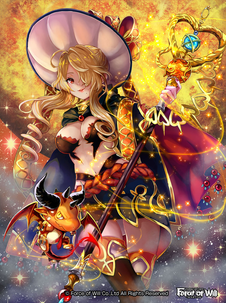 1girl blonde_hair breasts cape cleavage company_name demon demon_tail demon_wings drill_hair earrings force_of_will hair_over_one_eye hat jewelry long_hair mole mole_under_mouth nail_polish navel official_art pisuke red_eyes sparkle staff tail thigh-highs wings yellow_eyes