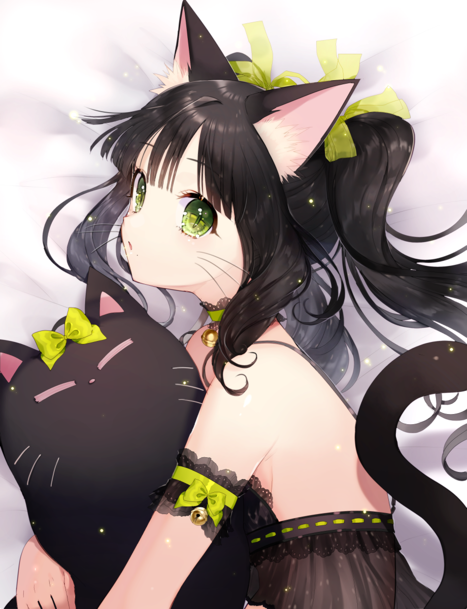 1girl :o animal_ears arm_garter bangs bare_shoulders bed_sheet bell bell_collar black_hair bow cat_day cat_ears cat_tail choker collar green_bow green_eyes green_ribbon hair_ribbon highres jingle_bell long_hair looking_at_viewer lying mole mole_under_mouth momoshiki_tsubaki object_hug on_side original ribbon ribbon_trim see-through sidelocks slit_pupils solo stuffed_animal stuffed_cat stuffed_toy tail twintails upper_body whiskers