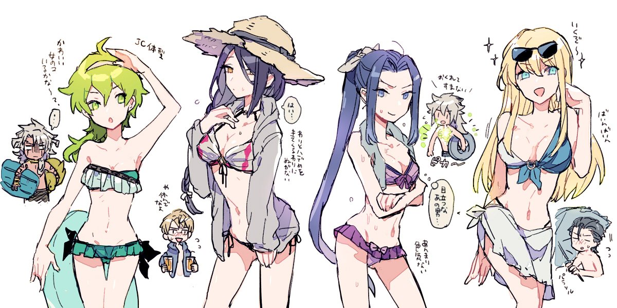 4boys 4girls assassin_(fate/stay_night) berserker_(fate/prototype_fragments) bikini black_hair blonde_hair blue_eyes blue_hair blush caster_(fate/prototype_fragments) chibi dark_skin david_(fate/grand_order) fate/apocrypha fate/grand_order fate/prototype fate/prototype:_fragments_of_blue_and_silver fate/stay_night fate/zero fate_(series) father_and_son fionn_mac_cumhaill_(fate/grand_order) genderswap genderswap_(mtf) green_eyes green_hair hat lancer_(fate/zero) long_hair looking_at_viewer miyoshi_(m-mallow) multiple_boys multiple_girls navel open_mouth ponytail purple_hair saber_of_black smile solomon_(fate/grand_order) swimsuit translation_request violet_eyes white_hair