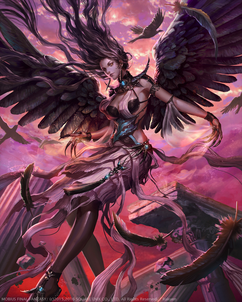 1girl armlet bird black_feathers black_wings brown_eyes brown_hair claws clouds column copyright_name earrings jewelry long_hair looking_at_viewer mobius_final_fantasy neck_ring o-ring official_art outdoors pillar purple_sky rakuen ruins silk skirt solo square_enix tassel very_long_hair watermark wings