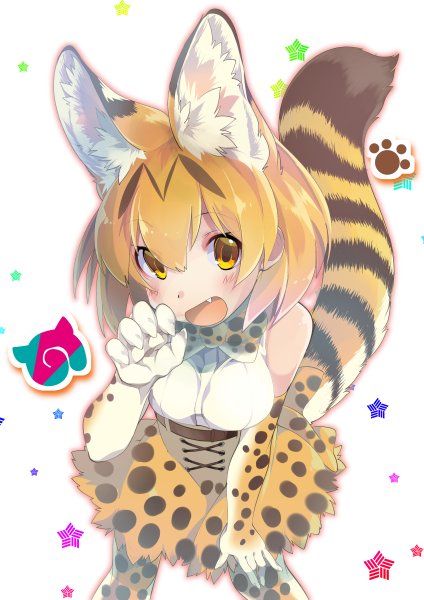 1girl animal_ears animal_print bare_shoulders blonde_hair blush bow bowtie commentary_request elbow_gloves fang gloves hand_on_thigh kemono_friends leaning_forward looking_at_viewer open_mouth serval_(kemono_friends) serval_ears serval_tail shirt short_hair simple_background skirt sleeveless sleeveless_shirt solo standing tail thigh-highs transpot_nonoko white_background white_shirt yellow_eyes