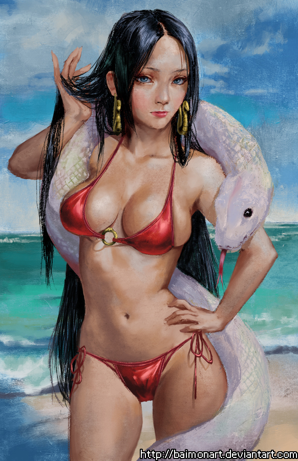 1girl baimon bangs bare_shoulders bikini black_hair blue_eyes boa_hancock breasts cleavage closed_mouth collarbone cowboy_shot day deviantart_username earrings groin hand_in_hair hand_on_hip hand_up jewelry large_breasts legs_apart lips long_hair looking_at_viewer midriff navel nose o-ring_bikini o-ring_top ocean one_piece outdoors parted_bangs pink_lips red_bikini side-tie_bikini snake snake_earrings solo swimsuit tongue tongue_out very_long_hair water white_snake