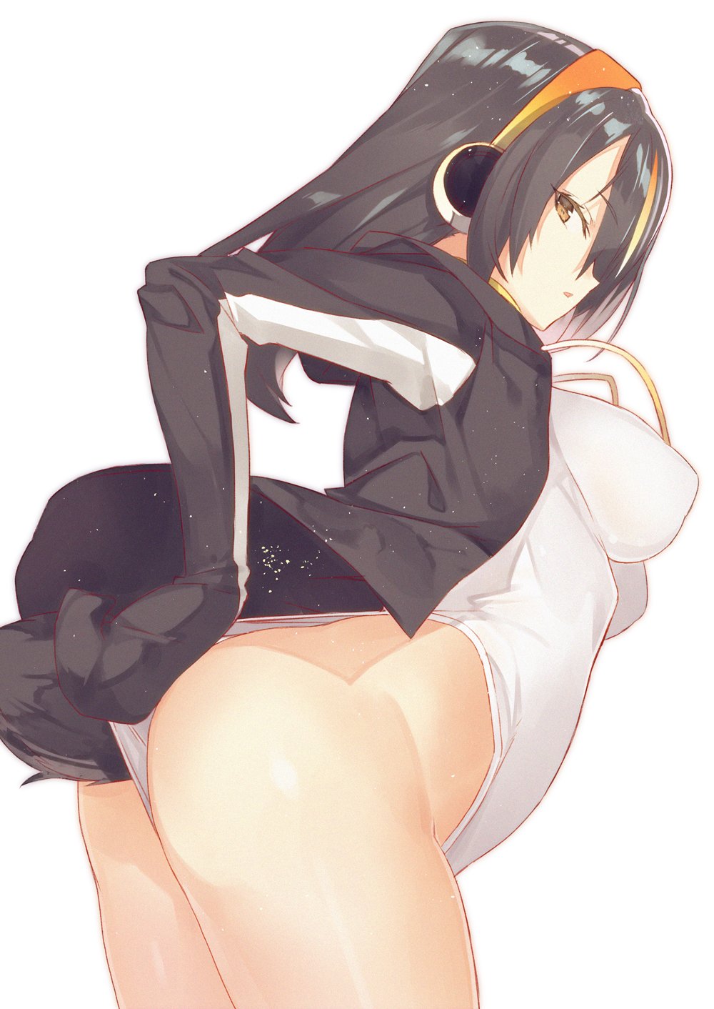1girl ass black_hair blonde_hair blush breasts brown_eyes emperor_penguin_(kemono_friends) furisuku hair_over_one_eye headphones highres hood hoodie kemono_friends leotard leotard_pull long_hair looking_at_viewer looking_back medium_breasts multicolored_hair open_mouth simple_background sleeves_past_wrists solo two-tone_hair white_background white_leotard