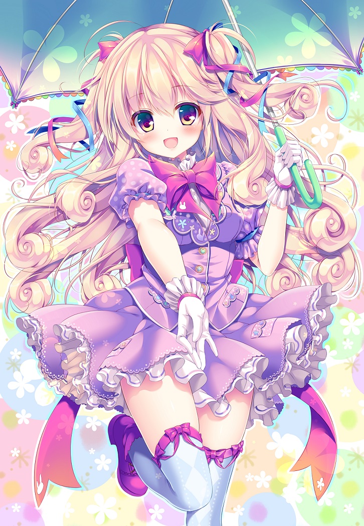 1girl :d argyle argyle_legwear bangs blue_legwear blue_ribbon blush bow curly_hair eyebrows_visible_through_hair floral_background frills gloves hair_between_eyes hair_ribbon hand_up holding holding_umbrella leg_up long_hair looking_at_viewer mizuki_yuuma multicolored multicolored_eyes open_mouth original outstretched_arm over-kneehighs pink_bow pink_ribbon puffy_short_sleeves puffy_sleeves purple_bow purple_shoes purple_skirt purple_vest ribbon shoes short_sleeves skirt smile solo standing standing_on_one_leg thigh-highs two_side_up umbrella vest violet_eyes wavy_hair white_gloves yellow_eyes
