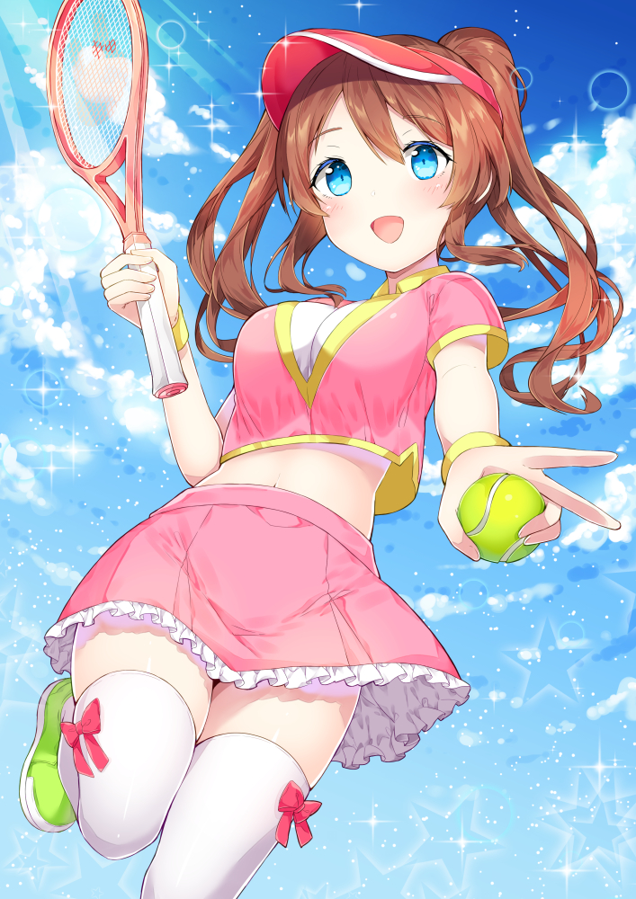 1girl :d ball bangs blue_sky blush breasts brown_hair chitetan cleavage clouds cloudy_sky crop_top crop_top_overhang diffraction_spikes dutch_angle eyebrows_visible_through_hair frilled_skirt frills hair_between_eyes holding holding_ball leg_up light_rays long_hair looking_at_viewer medium_breasts midriff moe2017 open_mouth original outdoors pink_shirt pink_skirt racket shirt shoes short_sleeves skirt sky smile sneakers solo sparkle sportswear standing standing_on_one_leg star sunbeam sunlight tennis tennis_ball thigh-highs twintails v visor_cap wavy_hair white_legwear white_shirt zettai_ryouiki