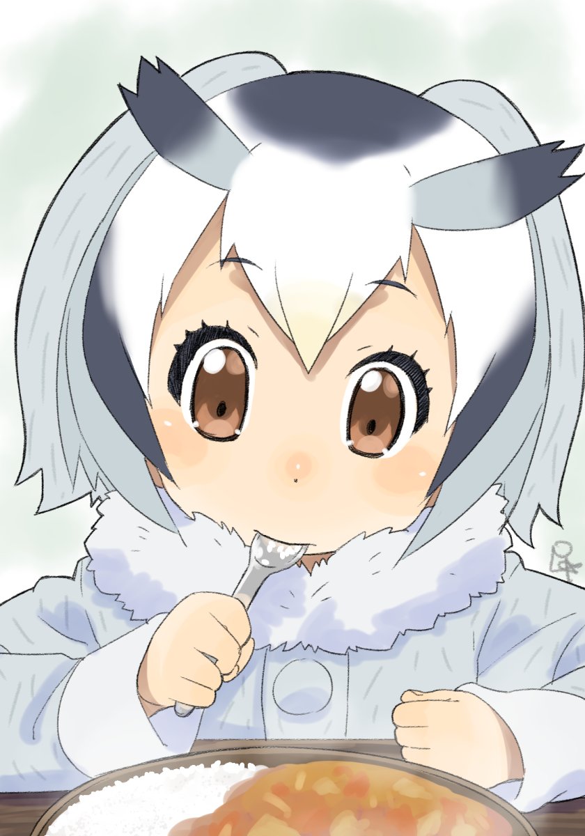 1girl blush blush_stickers brown_eyes buttons clenched_hand collar commentary_request curry curry_rice dish dot_nose eating expressionless eyebrows_visible_through_hair eyelashes fingernails fluffy_collar food fur_collar grey_hair head_wings highres holding holding_spoon kemono_friends long_sleeves looking_at_viewer multicolored_hair northern_white-faced_owl_(kemono_friends) nose_blush rice satsuyo signature solo spoon spoon_in_mouth table tareme upper_body white_hair wings wooden_table