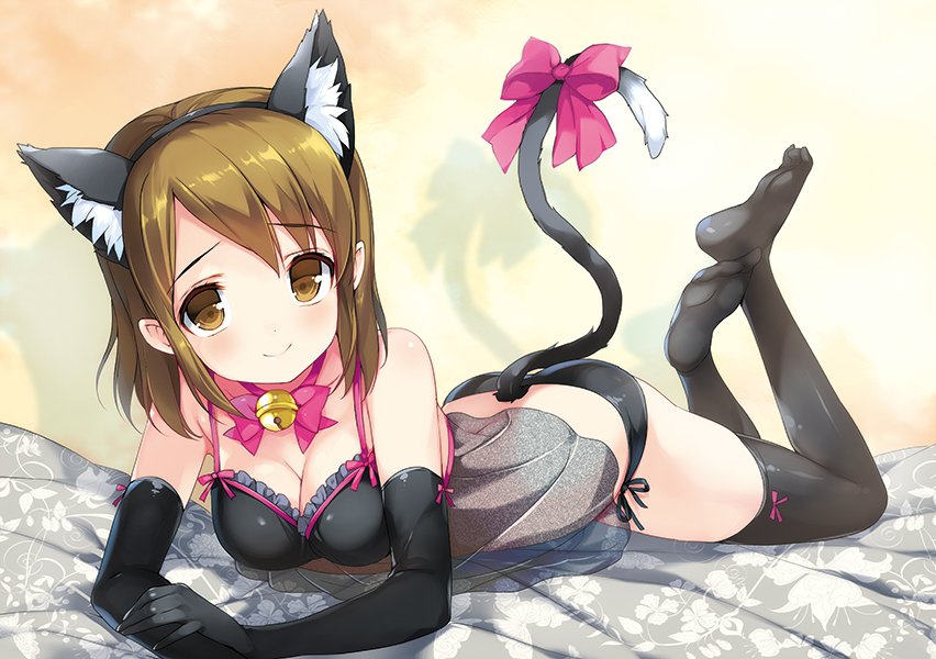 1girl animal_ears bell black_legwear black_panties breasts brown_eyes brown_hair camisole cat_ears cleavage elbow_gloves emily_(pure_dream) fake_animal_ears gloves jingle_bell lying on_stomach pan_de_peace! panties ribbon short_hair side-tie_panties smile solo tail tani_minami thigh-highs underwear