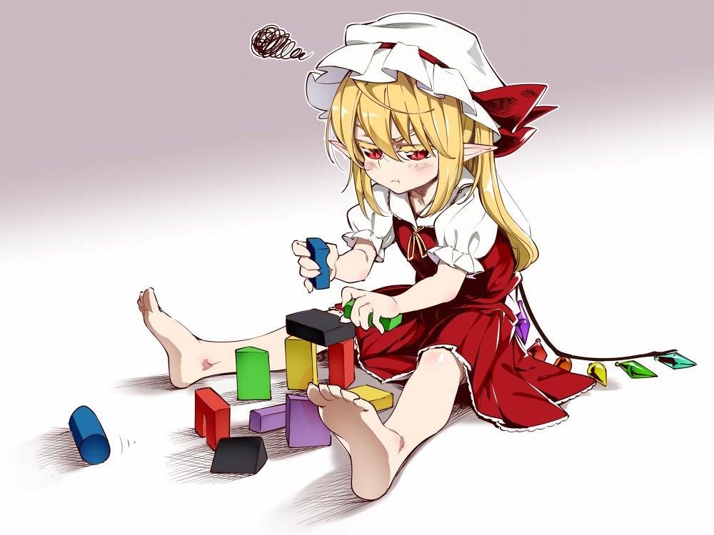 1girl ascot asu_tora barefoot blonde_hair commentary crystal flandre_scarlet full_body hat hat_ribbon mob_cap pointy_ears pout puffy_short_sleeves puffy_sleeves red_eyes red_ribbon red_skirt ribbon short_sleeves side_ponytail sitting skirt solo squiggle touhou vest wings