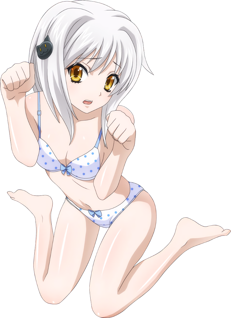 1girl bare_shoulders barefoot blue_bow bow bra breasts cat_hair_ornament cleavage collarbone extraction eyebrows_visible_through_hair hair_ornament high_school_dxd long_hair looking_at_viewer navel open_mouth panties paw_pose shiny shiny_skin silver_hair small_breasts solo toujou_koneko transparent_background underwear underwear_only white_bra white_panties yellow_eyes