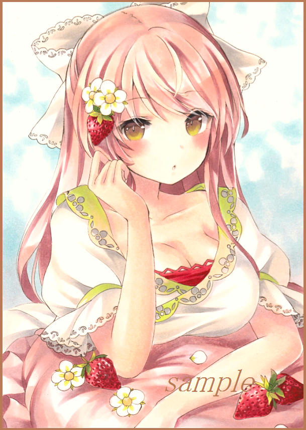 1girl :o bow breasts brown_border cleavage collarbone colored_pencil_(medium) flower food food_themed_hair_ornament fruit gradient gradient_background hair_bow hair_flower hair_ornament large_breasts long_hair looking_at_viewer marker_(medium) original pillow pink_hair potto_(minntochan) puffy_short_sleeves puffy_sleeves sample shirt short_sleeves sitting solo strawberry strawberry_hair_ornament traditional_media white_shirt yellow_eyes