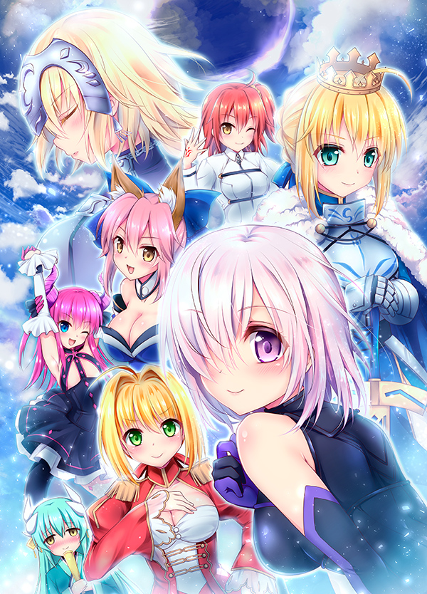 6+girls ahoge animal_ears aqua_hair armor armored_dress artoria_pendragon_(all) asymmetrical_legwear blonde_hair blue_eyes blush bow braid breasts center_opening cleavage closed_eyes crown detached_sleeves dress elbow_gloves elizabeth_bathory_(fate) elizabeth_bathory_(fate)_(all) epaulettes excalibur eyes_visible_through_hair fate/extra fate/grand_order fate/stay_night fate_(series) fox_ears fujimaru_ritsuka_(female) fur_trim gauntlets geko gloves green_eyes green_hair hair_bow hair_bun hair_intakes hair_over_one_eye hair_ribbon headpiece horns japanese_clothes jeanne_d'arc_(fate) jeanne_d'arc_(fate)_(all) kimono kiyohime_(fate/grand_order) large_breasts lock long_hair looking_at_viewer mash_kyrielight multiple_girls nero_claudius_(fate) nero_claudius_(fate)_(all) one_eye_closed open_mouth orange_hair padlock pink_hair pointy_ears purple_gloves purple_hair red_dress ribbon saber short_hair side_ponytail single_braid smile sword tamamo_(fate)_(all) tamamo_no_mae_(fate) veil violet_eyes weapon yellow_eyes zipper