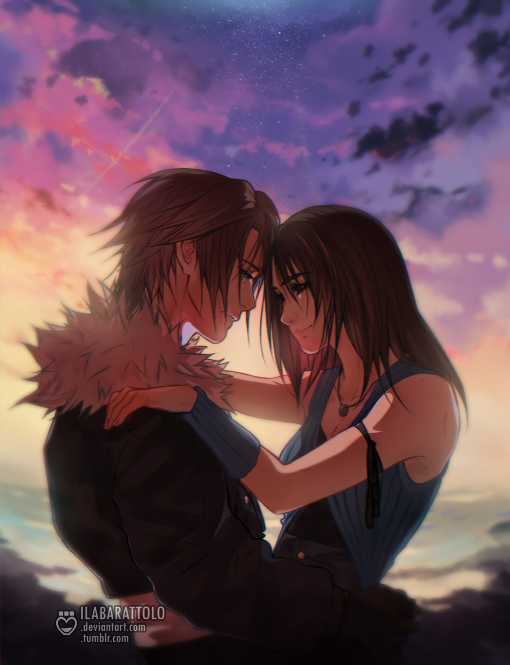 1boy 1girl artist_name black_hair deviantart_username eye_contact final_fantasy final_fantasy_viii fur_trim hands_on_another's_shoulders highres ilabarattolo jacket jewelry looking_at_another necklace rinoa_heartilly squall_leonhart star_(sky) sunset tumblr_username upper_body watermark web_address