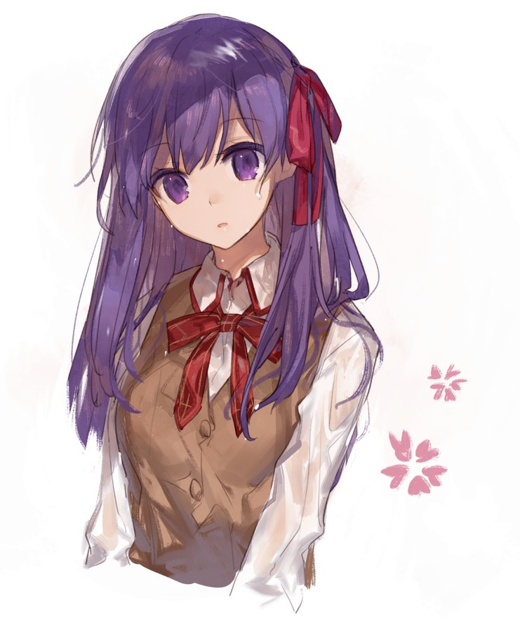 bangs bow buttons chokoan_(tyokoa4649) collar collared_shirt dress_shirt ears eyebrows eyebrows_visible_through_hair fate/stay_night fate_(series) hair_between_eyes hair_ribbon long_hair long_sleeves matou_sakura open_mouth purple_hair ribbon school_uniform shirt simple_background upper_body violet_eyes visible_ears wet wet_clothes wet_hair wet_shirt white_background white_shirt