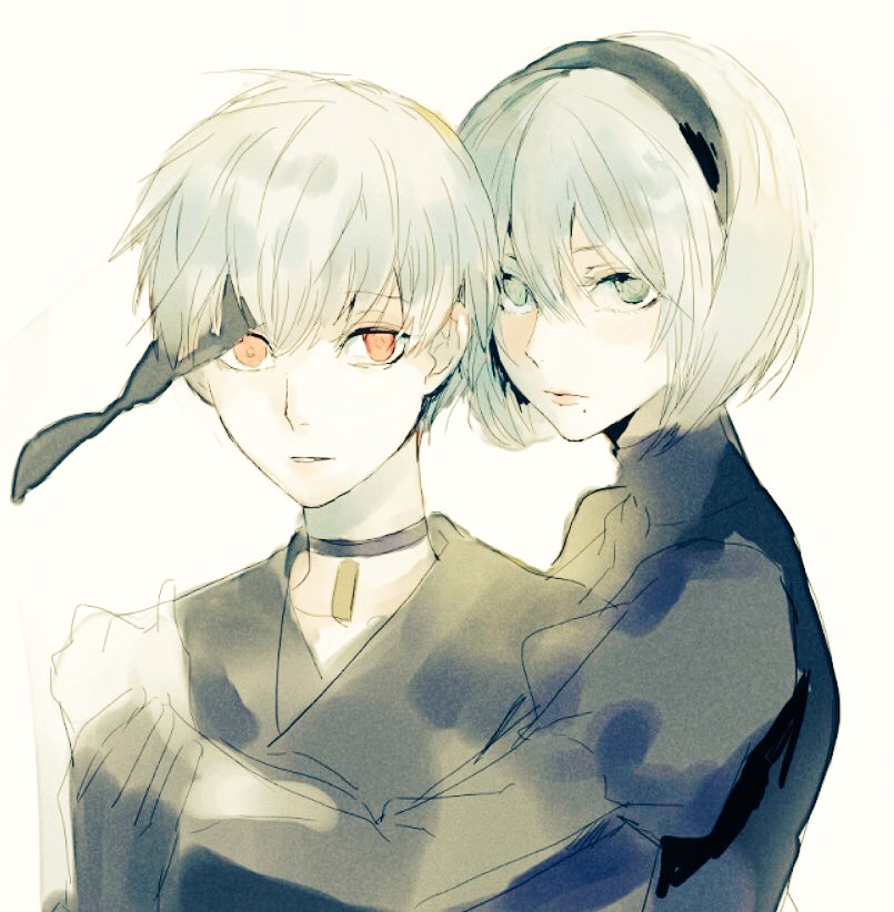 1boy 1girl bangs black_choker black_dress black_hairband black_jacket blindfold_removed blue_eyes choker collarbone dress green_eyes hair_between_eyes hairband hand_on_another's_shoulder hand_up holding_hand jacket juliet_sleeves lips long_sleeves looking_at_viewer mole mole_under_mouth nier_(series) nier_automata no_blindfold orange_eyes parted_lips pink_lips puffy_sleeves range ribbed_dress short_hair simple_background turtleneck upper_body white_background yorha_no._2_type_b yorha_no._9_type_s