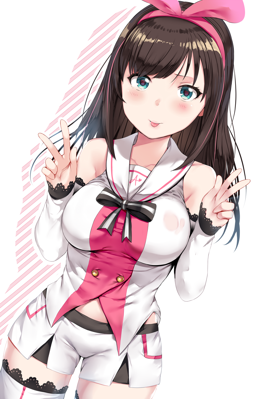 1girl :p a.i._channel aqua_eyes arm_warmers bare_shoulders black_ribbon blush bow breasts brown_hair collarbone double_w dutch_angle hair_bow hairband hand_gesture heart heart-shaped_pupils hews_hack highres kizuna_ai long_hair looking_at_viewer medium_breasts pink_bow pink_hairband ribbon sailor_collar short_shorts shorts solo standing straight_hair symbol-shaped_pupils thigh-highs tongue tongue_out virtual_youtuber w white_legwear white_shorts