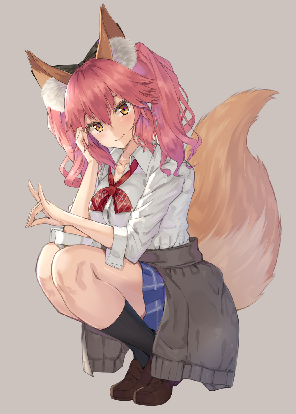 1girl animal_ears black_legwear bow bowtie brown_shoes cosplay fate/extra fate_(series) fox_ears fox_shadow_puppet fox_tail full_body highres kanikou kneehighs loafers long_hair looking_at_viewer pink_hair red_bow red_bowtie shirt shoes smile solo squatting sweater tail tamamo_(fate)_(all) tamamo_jk_(fate) tiptoes white_shirt yellow_eyes