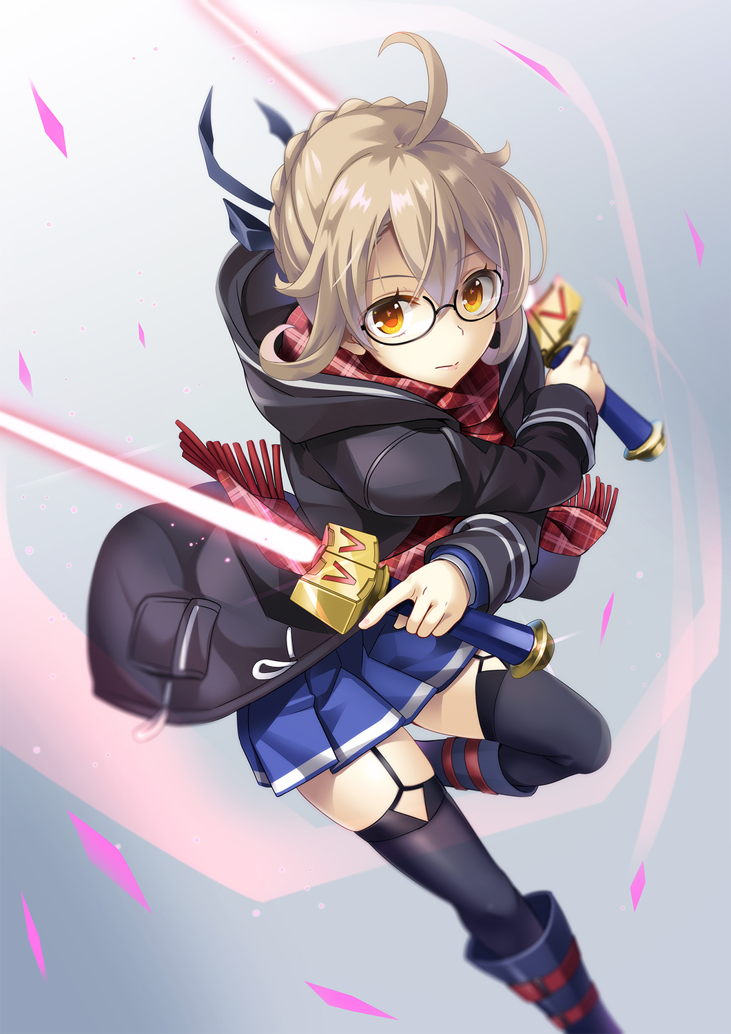 1girl ahoge black_legwear blonde_hair blue_ribbon blue_skirt blurry boots braid brown_eyes closed_mouth depth_of_field dual_wielding duffel_coat eyebrows_visible_through_hair fate/grand_order fate_(series) french_braid fringe garter_straps hair_between_eyes hair_ribbon heroine_x heroine_x_(alter) highres knee_boots leg_up looking_at_viewer plaid plaid_scarf pleated_skirt red_scarf ribbon saber scarf short_hair_with_long_locks skirt solo thigh-highs wapokichi
