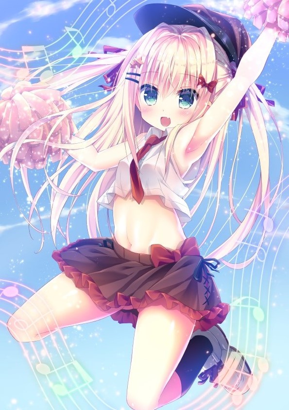 1girl :d arm_up armpits bangs beamed_quavers beamed_semiquavers black_legwear black_skirt blonde_hair blue_sky blush breasts cabbie_hat cheerleader crop_top crop_top_overhang crotchet day eyebrows_visible_through_hair fang frills green_eyes hair_between_eyes hair_ornament hair_ribbon hairclip hat holding kneehighs long_hair looking_at_viewer midriff minim moe2017 musical_note navel open_mouth original outdoors pom_poms quaver ribbon shoes sidelocks skirt sky small_breasts smile sneakers solo star star_hair_ornament two_side_up yodosu915