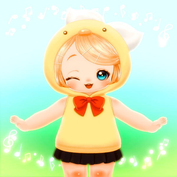 1girl ;3 ;d animal_hood bangs bare_arms bare_shoulders beamed_quavers black_skirt blonde_hair blue_eyes blush bow bowtie cowboy_shot dancing full_body gradient gradient_background hair_bow hair_ornament hairclip happy hood hood_up hoodie kagamine_rin looking_at_viewer miniskirt moe musical_note one_eye_closed open_mouth outstretched_arms pleated_skirt quaver red_bow red_bowtie short_hair skirt sleeveless smile souri standing swept_bangs tareme toddler treble_clef vocaloid
