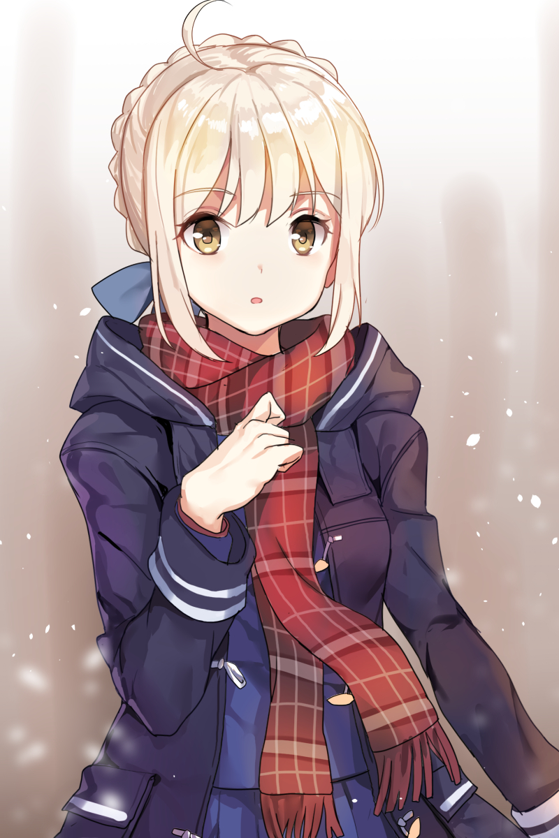 1girl ahoge bangs blonde_hair blue_skirt braid duffel_coat eyebrows_visible_through_hair fate/grand_order fate_(series) french_braid fringe hand_on_own_chest hand_up heroine_x heroine_x_(alter) highres looking_at_viewer parted_lips plaid plaid_scarf pleated_skirt red_scarf saber scarf school_uniform serafuku shovelwall sidelocks skirt solo upper_body yellow_eyes