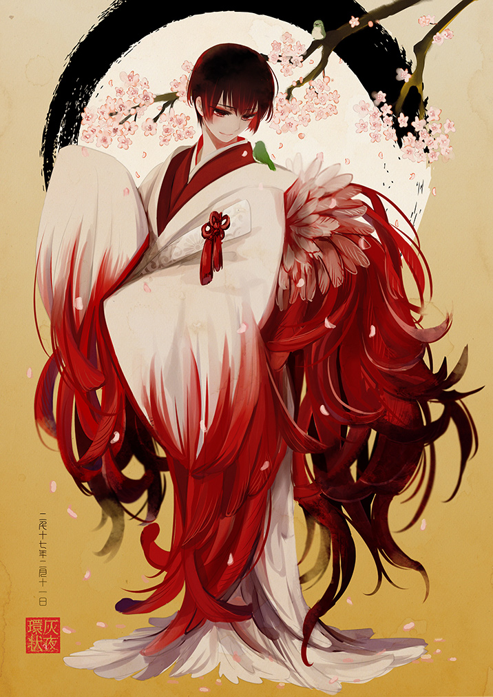 1boy animal animal_on_shoulder axis_powers_hetalia bangs bird_on_shoulder bird_tail black_hair branch calligraphy cherry_blossoms closed_mouth eyeshadow full_body gradient gradient_background hai_yoru hands_in_sleeves japan_(hetalia) japanese_clothes kimono knot long_sleeves makeup male_focus new_year petals pink_flower plant red_eyes redhead sleeves_past_wrists smile standing tassel uchikake wide_sleeves year_of_the_rooster yellow_background
