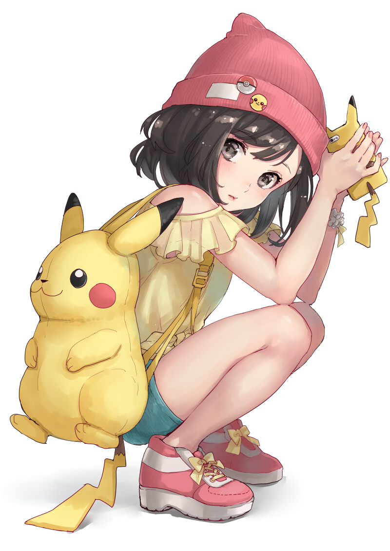 1girl bag beanie black_eyes black_hair blush female_protagonist_(pokemon_sm) from_side full_body green_shorts hat lips looking_to_the_side miimmiim3333 nail_polish phone pikachu pink_lips pink_nails poke_ball pokemon pokemon_(game) pokemon_sm red_hat red_shoes ribbon scrunchie shirt shoes short_hair shorts simple_background sitting solo tied_shirt white_background wrist_scrunchie yellow_ribbon yellow_shirt