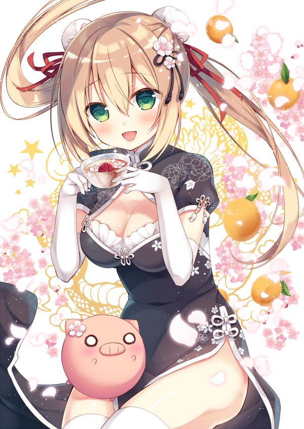 1girl :d arms_at_sides bangs black_dress black_ribbon blonde_hair blush breasts center_opening cherry_blossoms china_dress chinese_clothes cleavage cleavage_cutout cowboy_shot cup double_bun dress elbow_gloves eyebrows_visible_through_hair floating_hair floral_background flower food fruit gloves green_eyes hair_between_eyes hair_flower hair_ornament hair_ribbon hands_up holding holding_cup large_breasts long_hair looking_at_viewer mandarin_orange open_mouth original pelvic_curtain petals pig red_ribbon ribbon sakura_yuzuna sidelocks smile solo star starry_background teacup thigh-highs thighs twintails white_gloves white_legwear