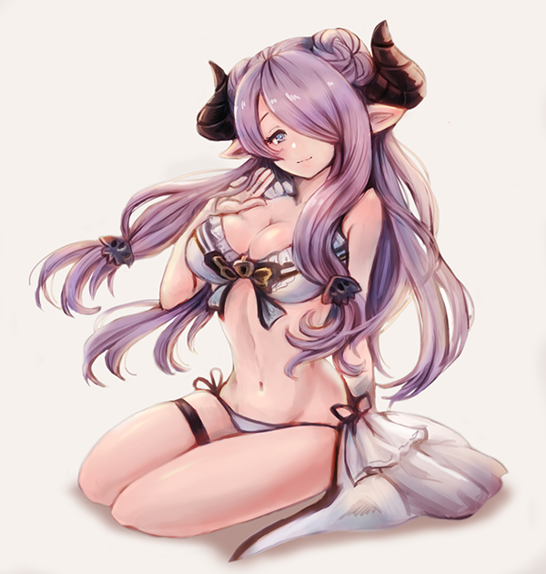 1girl arm_support bikini blue_eyes braid breasts doraf double_bun front-tie_top granblue_fantasy groin hair_over_one_eye horns large_breasts lavender_hair long_hair looking_at_viewer midriff narumeia_(granblue_fantasy) nasuhico_(ze9310) navel pointy_ears side-tie_bikini single_braid sitting smile swimsuit thigh_strap thighs white_bikini