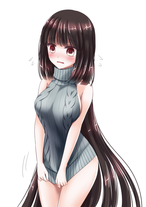 1girl absurdly_long_hair aran_sweater backless_outfit bangs bare_shoulders black_hair blush breasts brown_eyes cowboy_shot dress embarrassed eyebrows_visible_through_hair flying_sweatdrops grey_sweater halterneck itsumoto_hiroharu long_hair looking_down medium_breasts meme_attire open-back_dress original parted_lips ribbed_sweater sideboob simple_background solo sweater sweater_dress turtleneck turtleneck_sweater very_long_hair virgin_killer_sweater white_background
