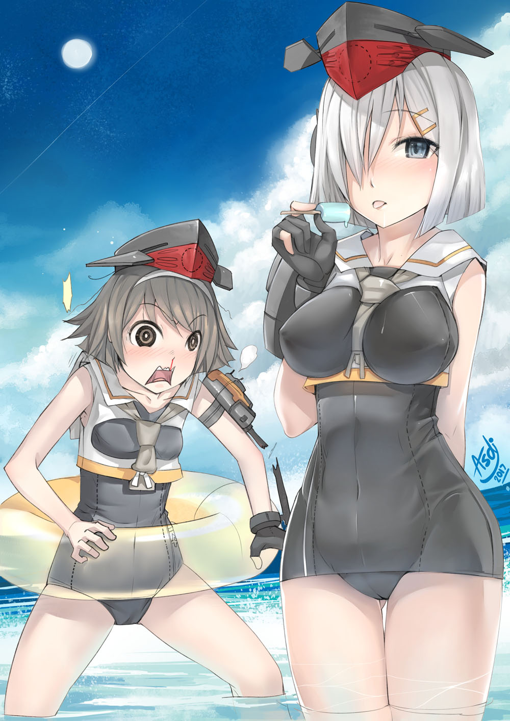 2girls alternate_costume asdj black_eyes blood blue_sky breast_envy clouds cloudy_sky cosplay erect_nipples food grey_eyes grey_hair hair_ornament hairband hairpin hamakaze_(kantai_collection) headgear highres holding horizon i-13_(kantai_collection) i-13_(kantai_collection)_(cosplay) i-14_(kantai_collection) i-14_(kantai_collection)_(cosplay) innertube kantai_collection looking_at_viewer machinery multiple_girls nosebleed ocean partially_submerged popsicle school_swimsuit school_uniform serafuku short_hair silver_hair sky sun swimsuit swimsuit_under_clothes tanikaze_(kantai_collection) tongue tongue_out